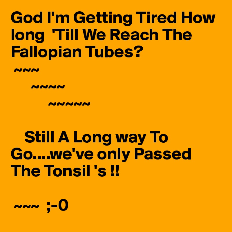 God I'm Getting Tired How long  'Till We Reach The Fallopian Tubes?
 ~~~
      ~~~~ 
           ~~~~~ 

    Still A Long way To Go....we've only Passed The Tonsil 's !!
            
 ~~~  ;-0
