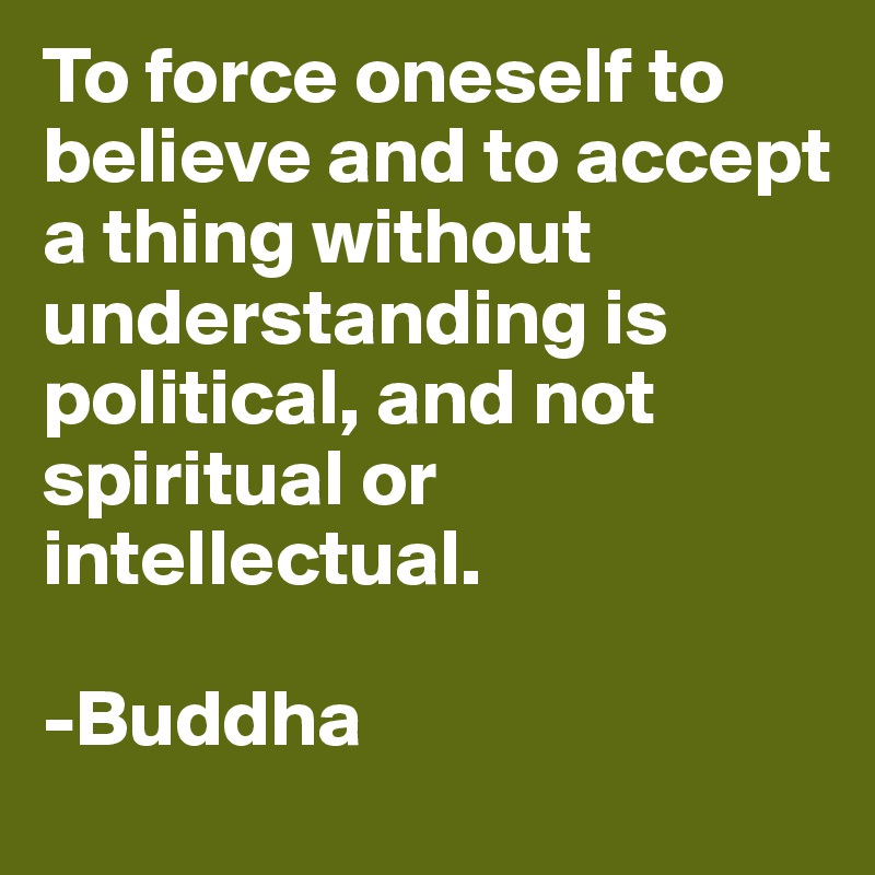 To force oneself to believe and to accept a thing without understanding is political, and not spiritual or intellectual.

-Buddha