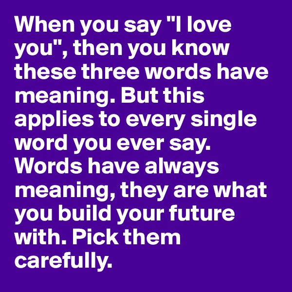 When you say "I love you", then you know these three words have meaning. But this applies to every single word you ever say. Words have always meaning, they are what you build your future with. Pick them carefully. 