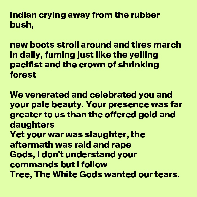 Indian crying away from the rubber bush,

new boots stroll around and tires march in daily, fuming just like the yelling pacifist and the crown of shrinking forest

We venerated and celebrated you and your pale beauty. Your presence was far greater to us than the offered gold and daughters 
Yet your war was slaughter, the aftermath was raid and rape
Gods, I don't understand your commands but I follow
Tree, The White Gods wanted our tears.