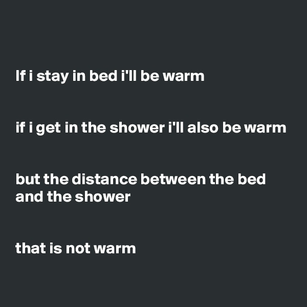 


If i stay in bed i'll be warm


if i get in the shower i'll also be warm


but the distance between the bed and the shower


that is not warm
