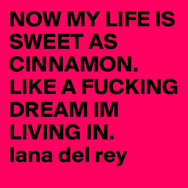 NOW MY LIFE IS SWEET AS CINNAMON. LIKE A FUCKING DREAM IM LIVING IN. 
lana del rey