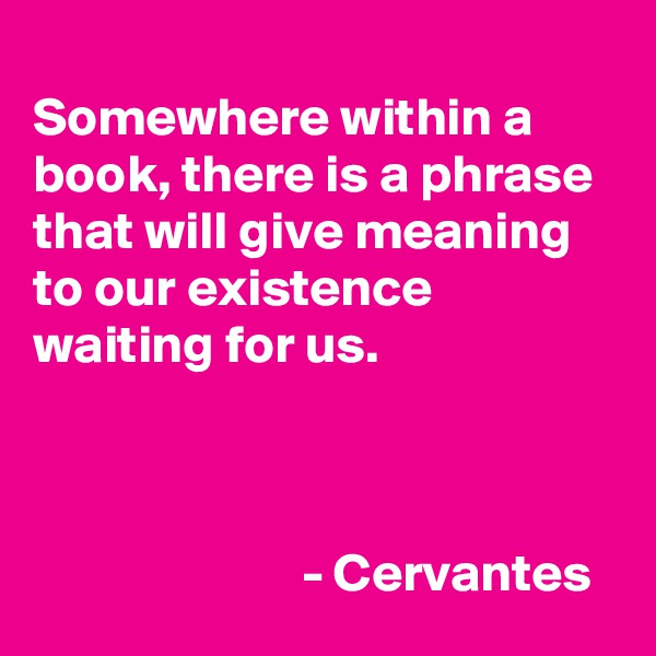 
Somewhere within a book, there is a phrase that will give meaning to our existence waiting for us. 



                         - Cervantes 