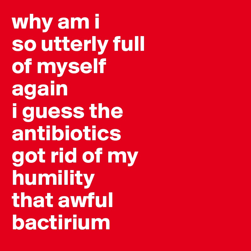 why am i 
so utterly full
of myself
again
i guess the
antibiotics 
got rid of my 
humility
that awful 
bactirium