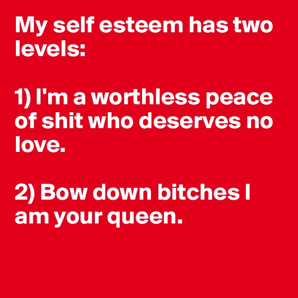 My self esteem has two levels:

1) I'm a worthless peace of shit who deserves no love.

2) Bow down bitches I am your queen.


