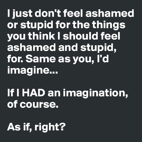 I just don't feel ashamed or stupid for the things you think I should feel ashamed and stupid, for. Same as you, I'd imagine... 

If I HAD an imagination, of course.

As if, right?