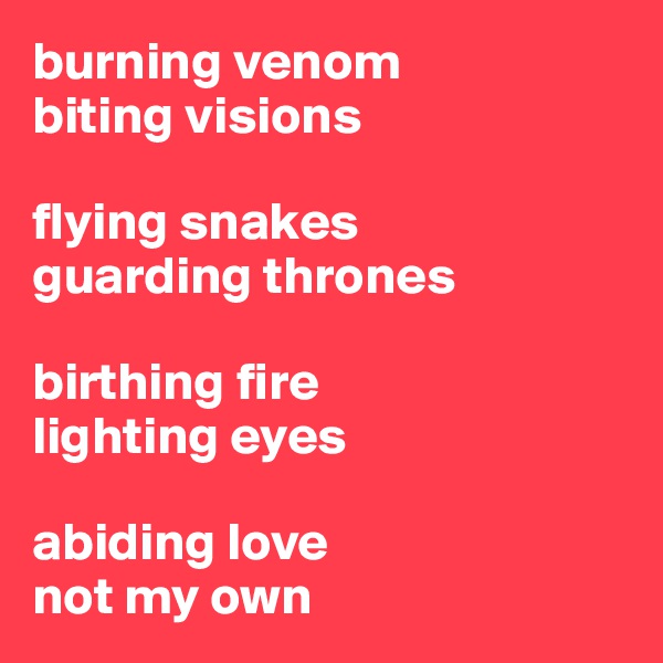 burning venom
biting visions

flying snakes
guarding thrones

birthing fire
lighting eyes

abiding love
not my own
