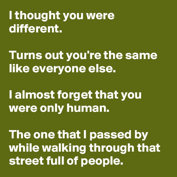 I thought you were different.

Turns out you're the same like everyone else.

I almost forget that you were only human.

The one that I passed by while walking through that street full of people.