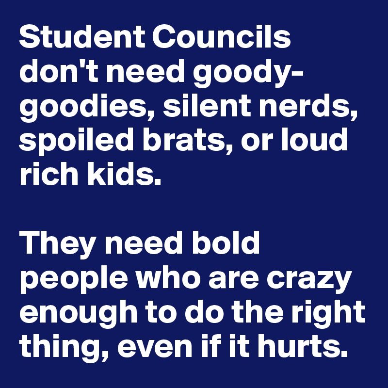 Student Councils don't need goody-goodies, silent nerds, spoiled brats, or loud rich kids. 

They need bold people who are crazy enough to do the right thing, even if it hurts. 