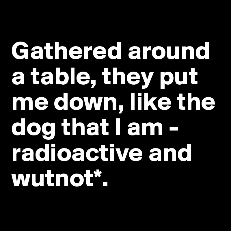 
Gathered around a table, they put me down, like the dog that I am - radioactive and wutnot*.
