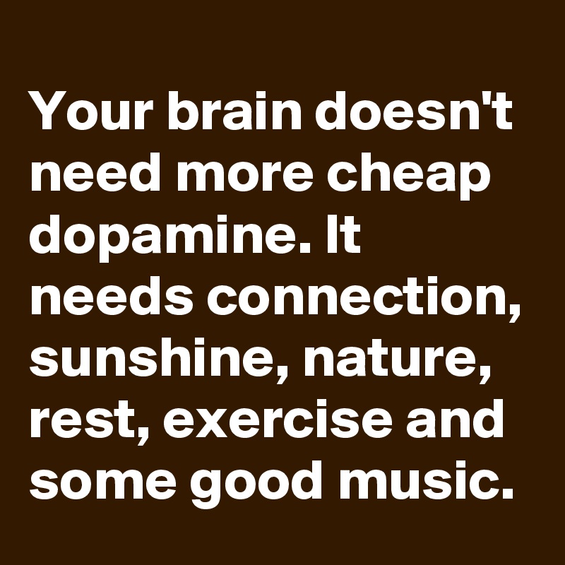 Your brain doesn't need more cheap dopamine. It needs connection, sunshine, nature, rest, exercise and some good music.
