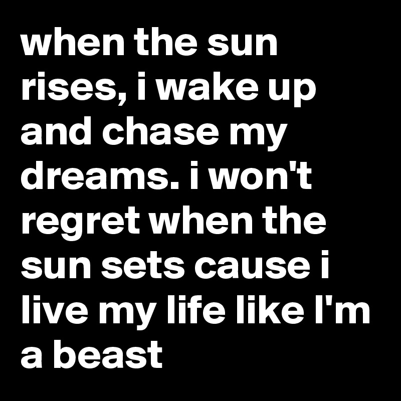 when the sun rises, i wake up and chase my dreams. i won't regret when the sun sets cause i live my life like I'm a beast