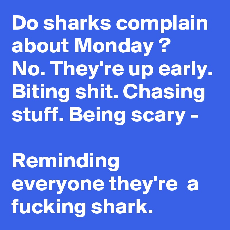 Do sharks complain about Monday ?
No. They're up early. Biting shit. Chasing stuff. Being scary -

Reminding
everyone they're  a fucking shark.