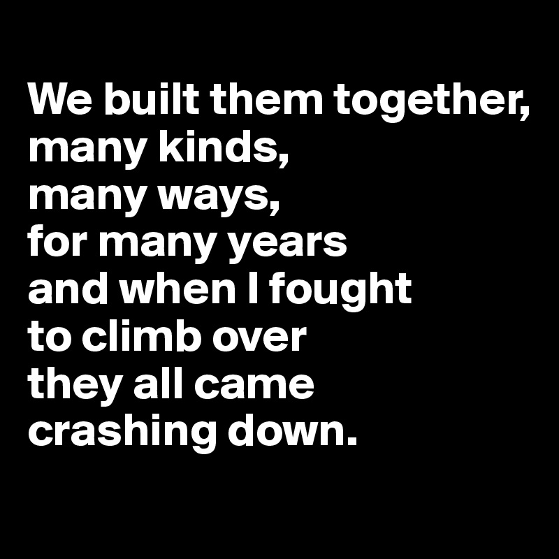 
We built them together, 
many kinds, 
many ways, 
for many years 
and when I fought 
to climb over 
they all came 
crashing down.
