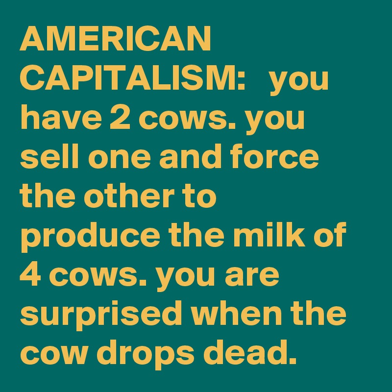 AMERICAN CAPITALISM:   you have 2 cows. you sell one and force the other to produce the milk of 4 cows. you are surprised when the cow drops dead.
