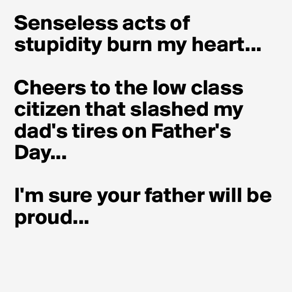 Senseless acts of stupidity burn my heart...

Cheers to the low class citizen that slashed my dad's tires on Father's Day...

I'm sure your father will be proud... 

