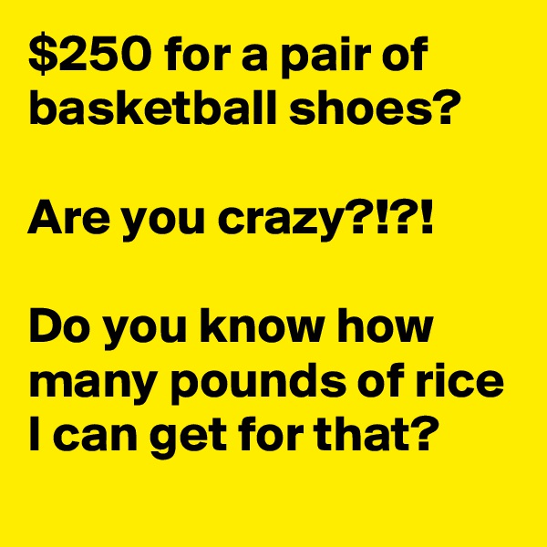 $250 for a pair of basketball shoes?

Are you crazy?!?!

Do you know how many pounds of rice I can get for that?