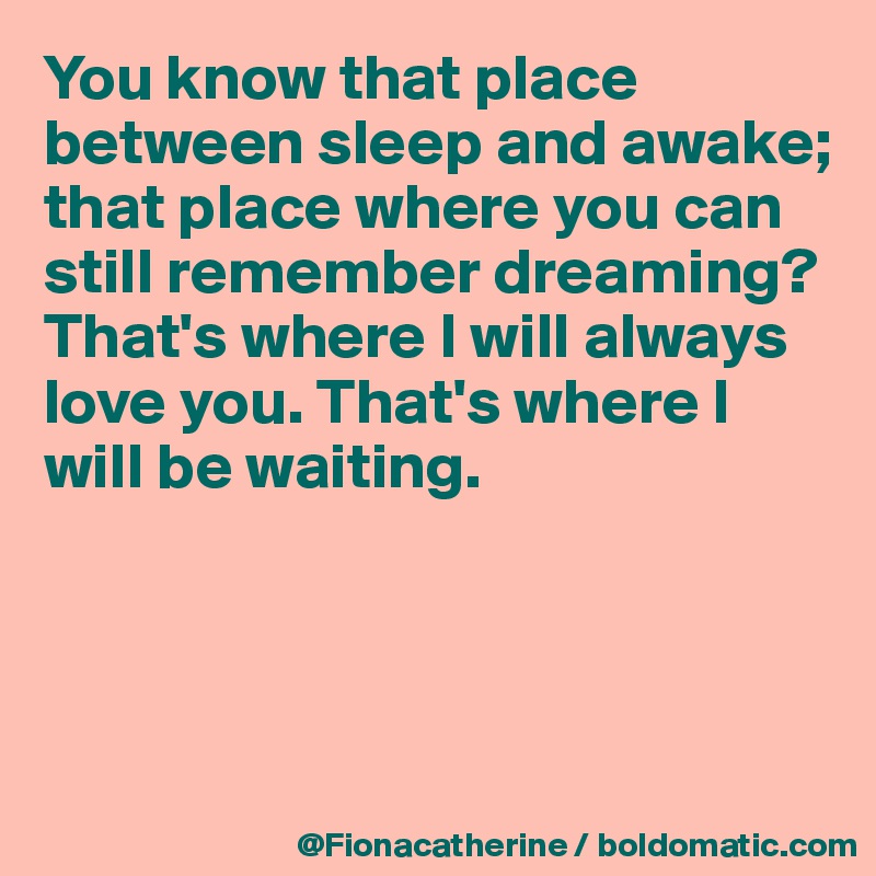 You know that place between sleep and awake;
that place where you can 
still remember dreaming?
That's where I will always
love you. That's where I 
will be waiting.




