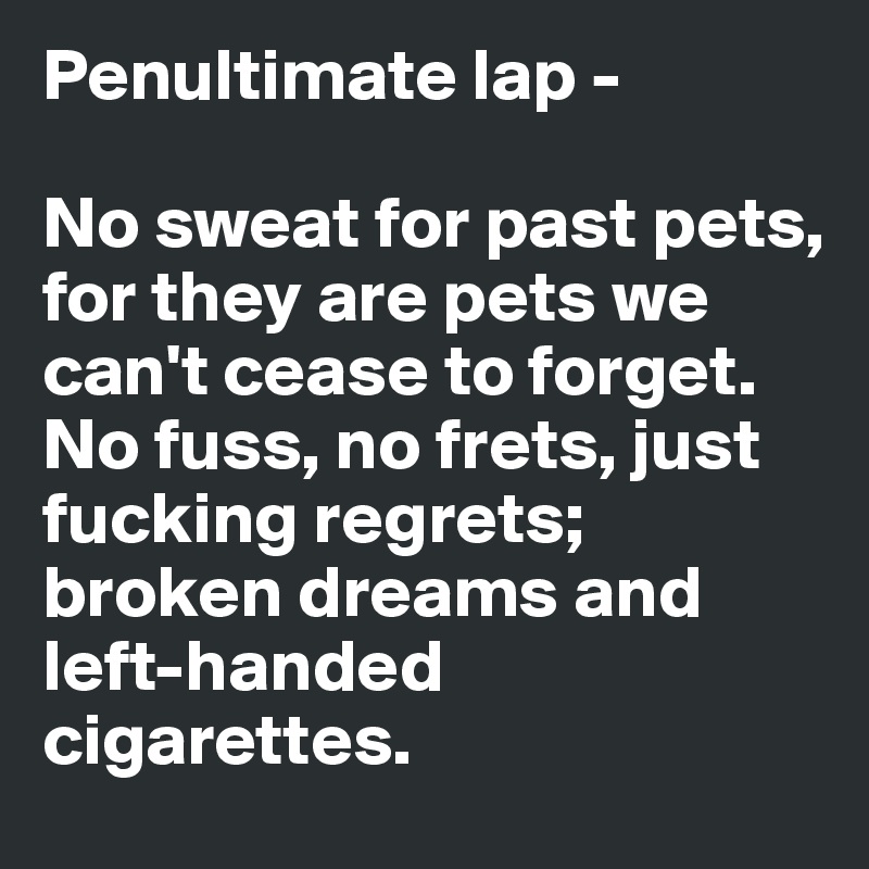 Penultimate lap -

No sweat for past pets, for they are pets we can't cease to forget. 
No fuss, no frets, just fucking regrets;
broken dreams and left-handed cigarettes. 