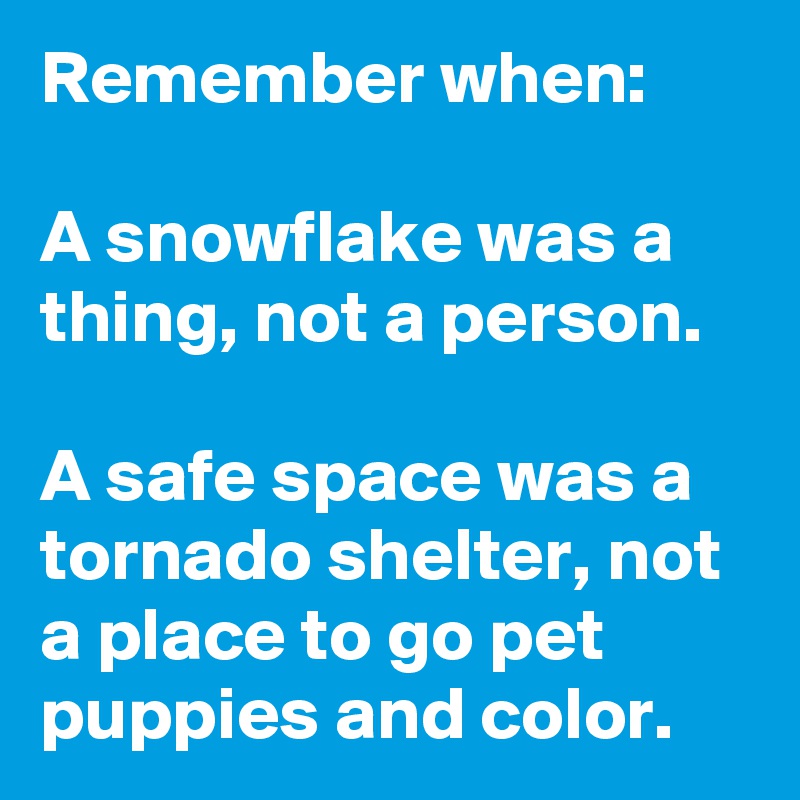 Remember when:

A snowflake was a thing, not a person.

A safe space was a tornado shelter, not a place to go pet puppies and color.