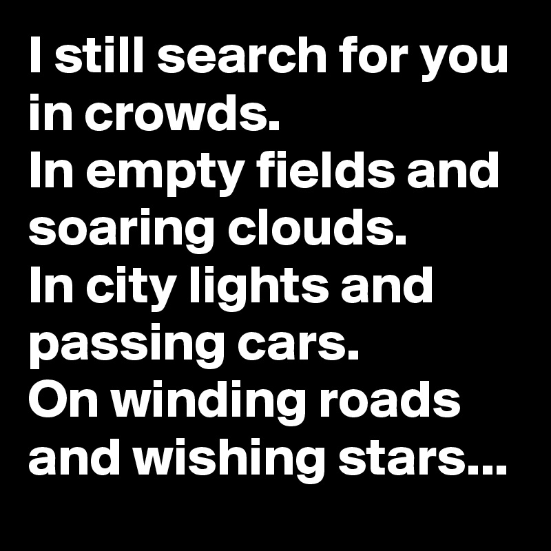 I still search for you in crowds.
In empty fields and soaring clouds.
In city lights and passing cars.
On winding roads and wishing stars...
