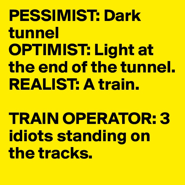 PESSIMIST: Dark tunnel
OPTIMIST: Light at the end of the tunnel.
REALIST: A train.

TRAIN OPERATOR: 3 idiots standing on the tracks.