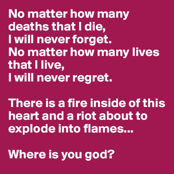 No matter how many deaths that I die,
I will never forget. 
No matter how many lives that I live, 
I will never regret. 

There is a fire inside of this heart and a riot about to explode into flames...

Where is you god? 