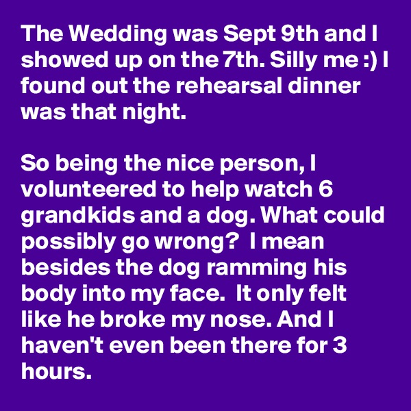 The Wedding was Sept 9th and I showed up on the 7th. Silly me :) I found out the rehearsal dinner was that night. 

So being the nice person, I volunteered to help watch 6 grandkids and a dog. What could possibly go wrong?  I mean besides the dog ramming his body into my face.  It only felt like he broke my nose. And I haven't even been there for 3 hours.  