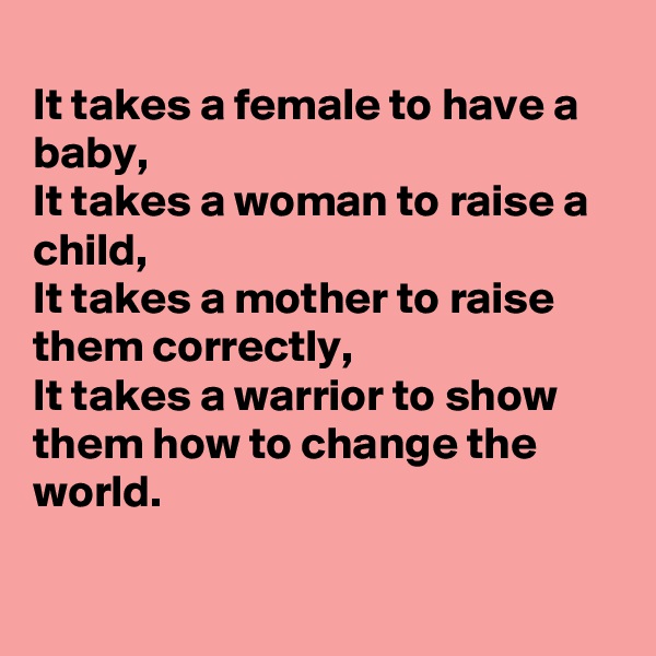 
It takes a female to have a baby,
It takes a woman to raise a child,
It takes a mother to raise them correctly,
It takes a warrior to show them how to change the world.

