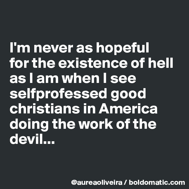 

I'm never as hopeful
for the existence of hell
as I am when I see selfprofessed good christians in America doing the work of the devil...

