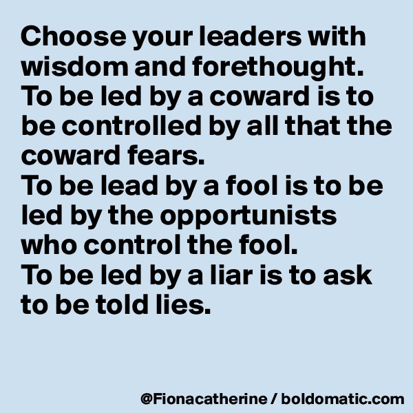 Choose your leaders with 
wisdom and forethought.
To be led by a coward is to
be controlled by all that the
coward fears.
To be lead by a fool is to be
led by the opportunists 
who control the fool.
To be led by a liar is to ask 
to be told lies.

