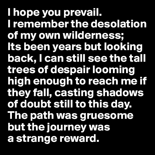 I hope you prevail. 
I remember the desolation of my own wilderness; 
Its been years but looking back, I can still see the tall trees of despair looming high enough to reach me if they fall, casting shadows of doubt still to this day. The path was gruesome but the journey was 
a strange reward. 