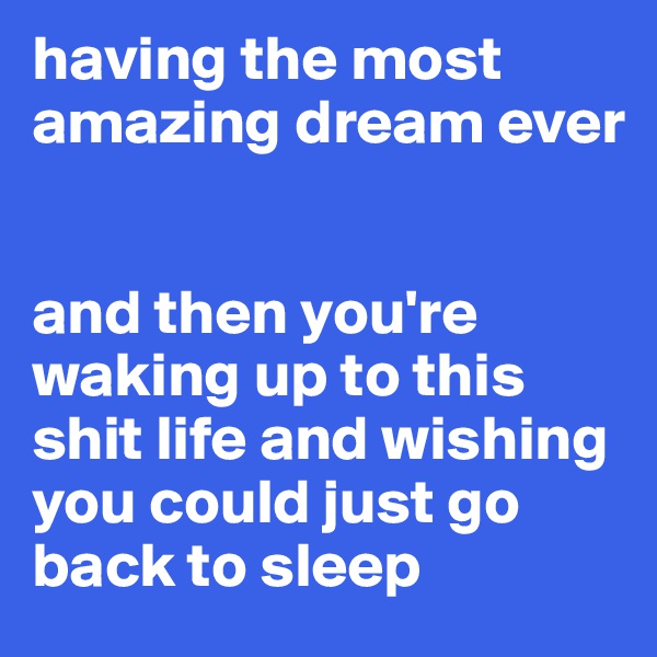 having the most amazing dream ever


and then you're waking up to this shit life and wishing you could just go back to sleep