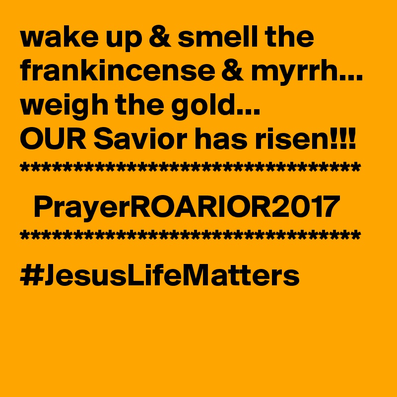 wake up & smell the frankincense & myrrh...
weigh the gold...
OUR Savior has risen!!!
********************************
  PrayerROARIOR2017
********************************
#JesusLifeMatters
