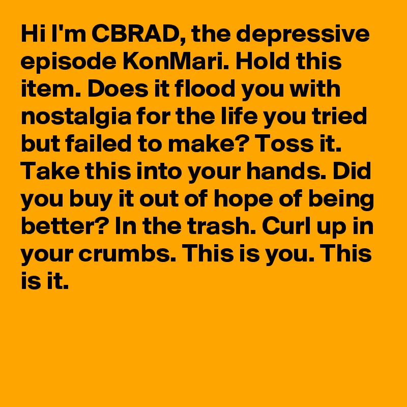 Hi I'm CBRAD, the depressive episode KonMari. Hold this item. Does it flood you with nostalgia for the life you tried but failed to make? Toss it. Take this into your hands. Did you buy it out of hope of being better? In the trash. Curl up in your crumbs. This is you. This is it.