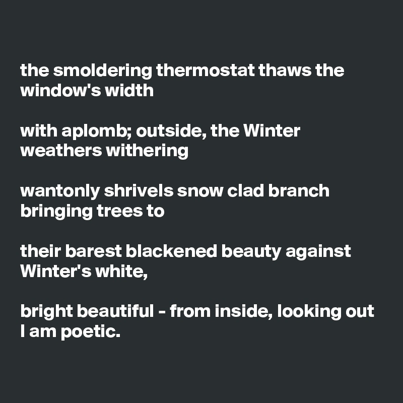 

the smoldering thermostat thaws the window's width

with aplomb; outside, the Winter weathers withering 

wantonly shrivels snow clad branch bringing trees to

their barest blackened beauty against Winter's white,

bright beautiful - from inside, looking out I am poetic.

