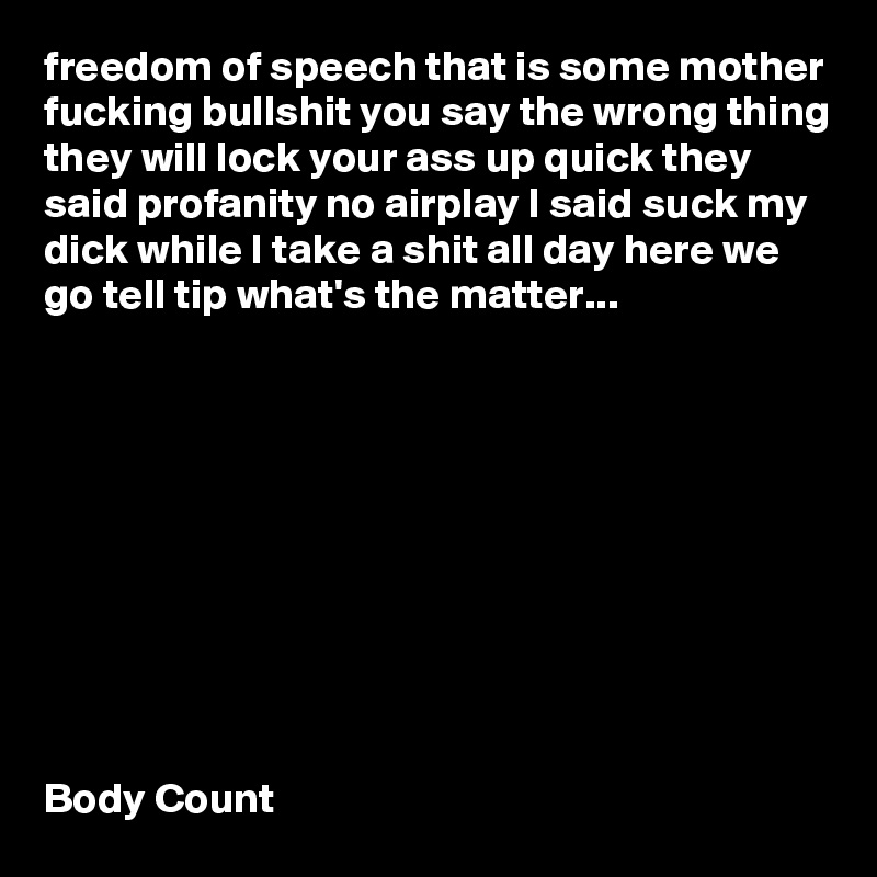freedom of speech that is some mother fucking bullshit you say the wrong thing they will lock your ass up quick they said profanity no airplay I said suck my dick while I take a shit all day here we go tell tip what's the matter...










Body Count 