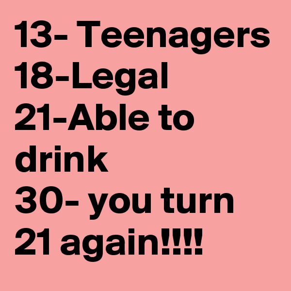 13- Teenagers 18-Legal 21-Able to drink             30- you turn 21 again!!!!
