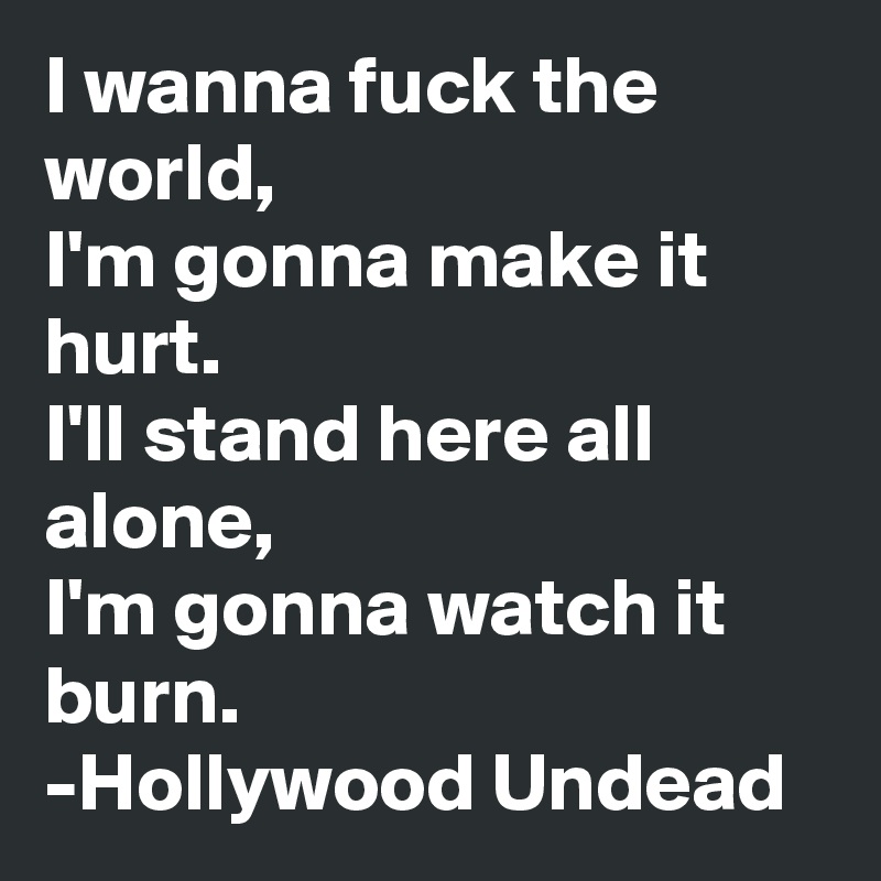 I wanna fuck the world,
I'm gonna make it hurt.
I'll stand here all alone,
I'm gonna watch it burn.
-Hollywood Undead