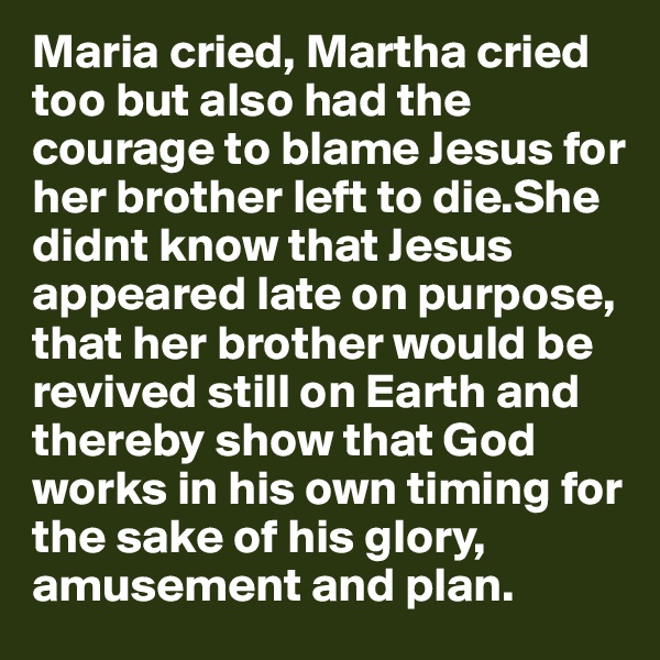 Maria cried, Martha cried too but also had the courage to blame Jesus for her brother left to die.She didnt know that Jesus appeared late on purpose, that her brother would be revived still on Earth and thereby show that God works in his own timing for the sake of his glory, amusement and plan. 