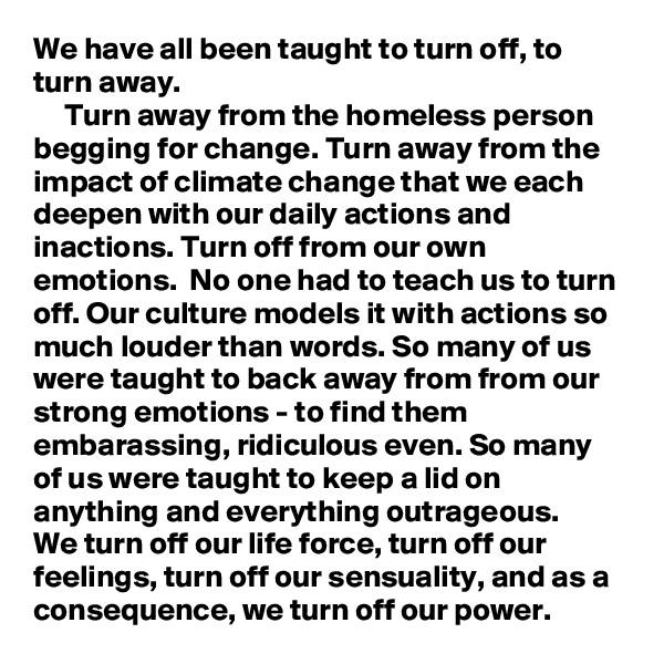 We have all been taught to turn off, to turn away.
     Turn away from the homeless person begging for change. Turn away from the impact of climate change that we each deepen with our daily actions and inactions. Turn off from our own emotions.  No one had to teach us to turn off. Our culture models it with actions so much louder than words. So many of us were taught to back away from from our strong emotions - to find them embarassing, ridiculous even. So many of us were taught to keep a lid on anything and everything outrageous. 
We turn off our life force, turn off our feelings, turn off our sensuality, and as a consequence, we turn off our power.