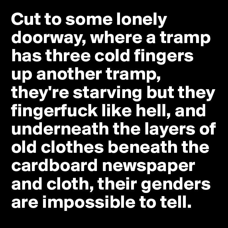 Cut to some lonely doorway, where a tramp has three cold fingers up another tramp, they're starving but they fingerfuck like hell, and underneath the layers of old clothes beneath the cardboard newspaper and cloth, their genders are impossible to tell. 