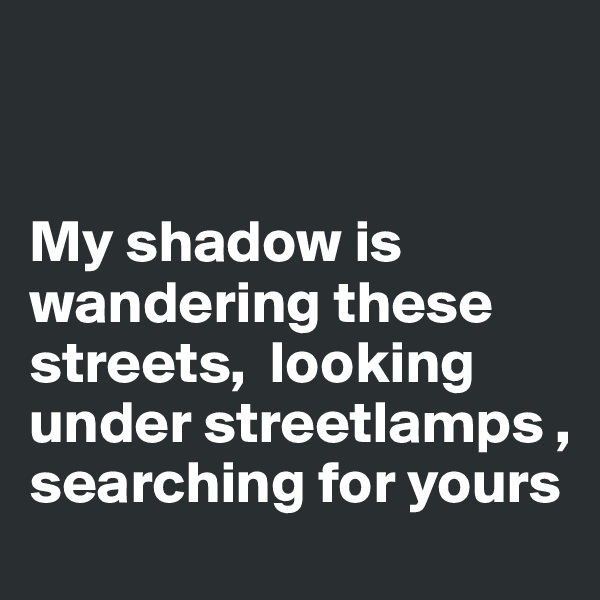 


My shadow is wandering these streets,  looking under streetlamps , searching for yours