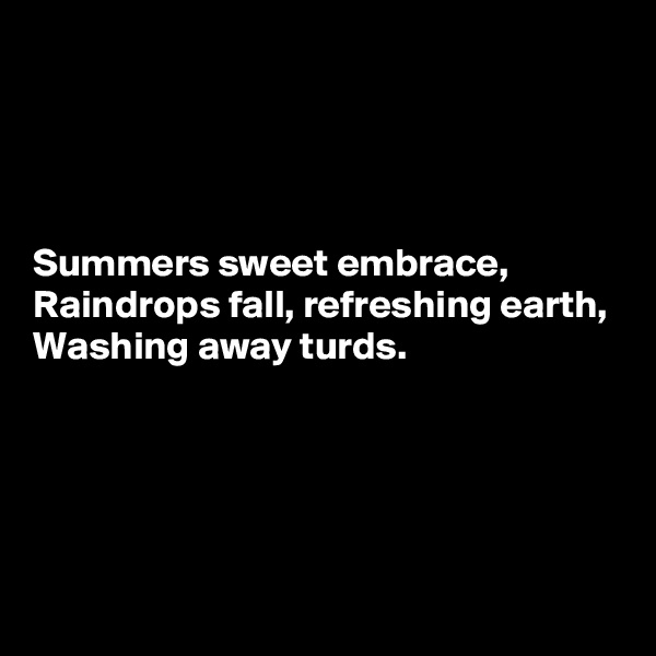 




Summers sweet embrace,
Raindrops fall, refreshing earth,
Washing away turds.




