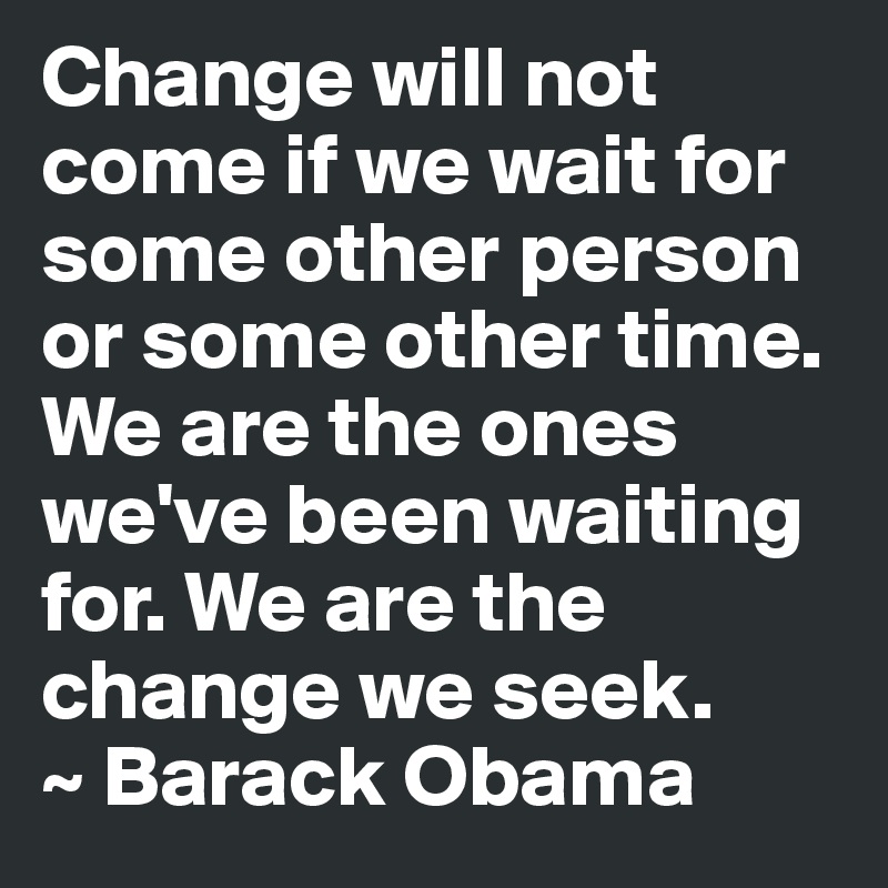Change will not come if we wait for some other person or some other time. We are the ones we've been waiting for. We are the change we seek.
~ Barack Obama