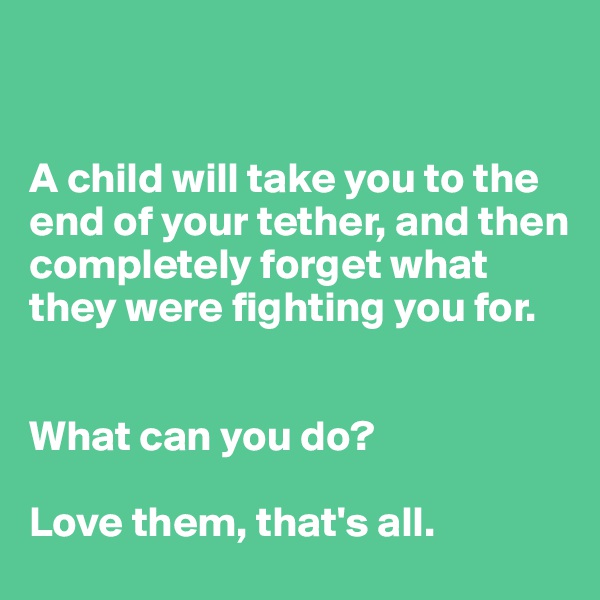 


A child will take you to the end of your tether, and then completely forget what they were fighting you for. 


What can you do? 

Love them, that's all.