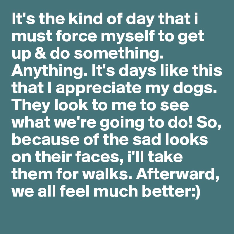 It's the kind of day that i must force myself to get up & do something. Anything. It's days like this that I appreciate my dogs. They look to me to see what we're going to do! So, because of the sad looks on their faces, i'll take them for walks. Afterward, we all feel much better:)