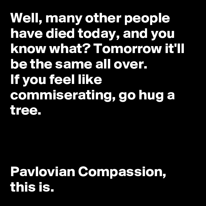 Well, many other people have died today, and you know what? Tomorrow it'll be the same all over.
If you feel like commiserating, go hug a tree.



Pavlovian Compassion, this is.
