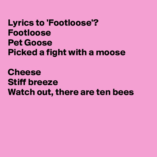 
Lyrics to 'Footloose'?
Footloose
Pet Goose
Picked a fight with a moose

Cheese 
Stiff breeze
Watch out, there are ten bees 




