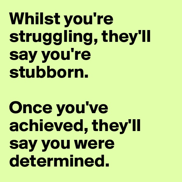 Whilst you're struggling, they'll say you're stubborn. 

Once you've achieved, they'll say you were determined.